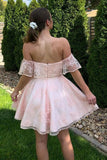 Pink Lace A Line Off the Shoulder Short Prom Dresses, Homecoming Dresses, SH577 | short homecoming dress | sweet 16 dress | homecoming | www.simidress.com​