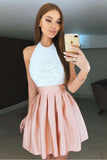 Pink Pleated Lace Bodice High Neck Backless Short Homecoming Dresses, SH589