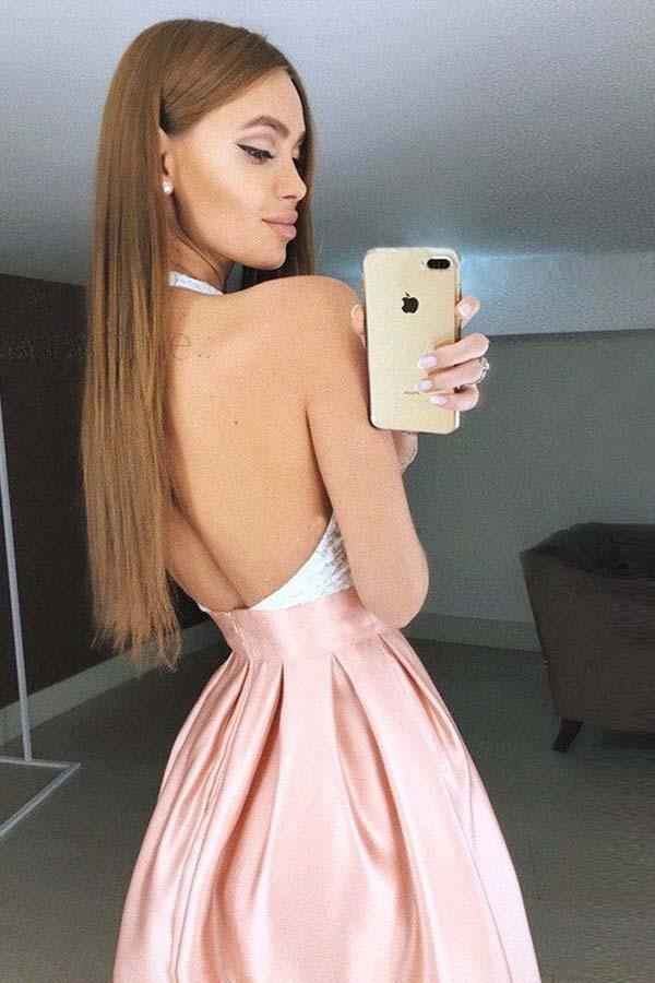 Pink Lace Bodice High Neck Short Homecoming Dresses, SH589 | Simidress Pink Lace Bodice High Neck Short Homecoming Dresses, SH589 | Simidress