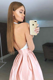 Pink Pleated Lace Bodice High Neck Backless Short Homecoming Dresses, SH589 | graduation dresses | short prom dresses | sweet 16 dress | simidress.com