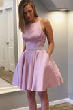 Pink Satin A-line Halter Beaded Homecoming Dresses, Short Prom Dresses, SH565