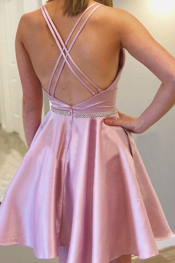 A Line Halter Neck Backless Beading Satin Long Pink Prom Dresses, Back –  Shiny Party