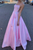 Pink Satin A-line Spaghetti Straps Prom Dresses, Party Dress With Pocket, SP739