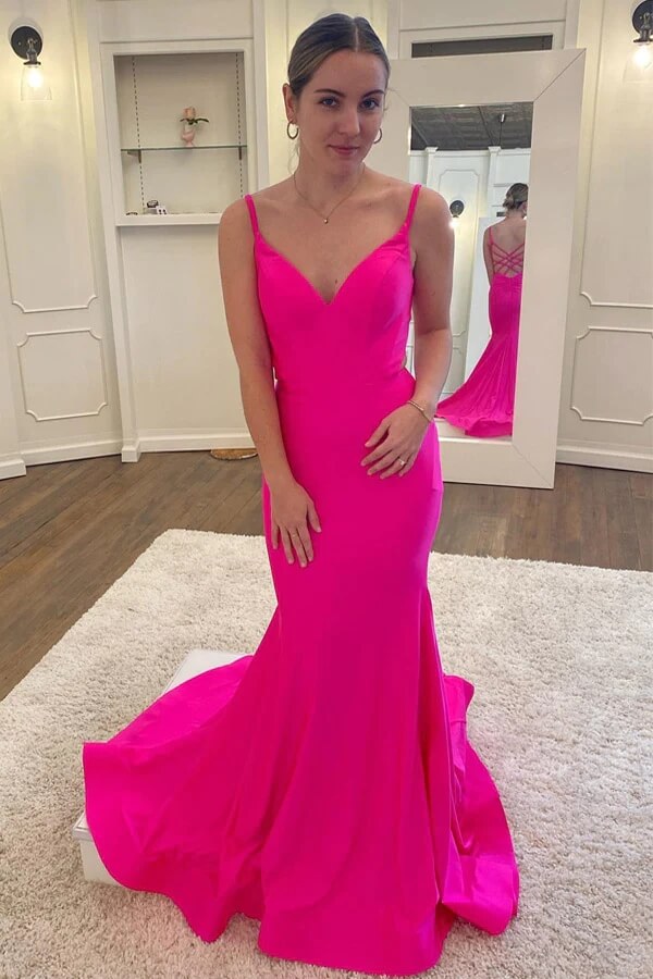 Pink Satin Mermaid V-neck Simple Prom Dresses, Long Formal Dresses, SP947 | hot pink prom dress | cheap long prom dresses | evening dresses | simidress.com