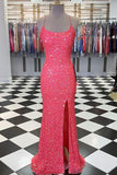 Pink Sequins Mermaid Spaghetti Straps Prom Dress with Slit, Evening Gown, SP830
