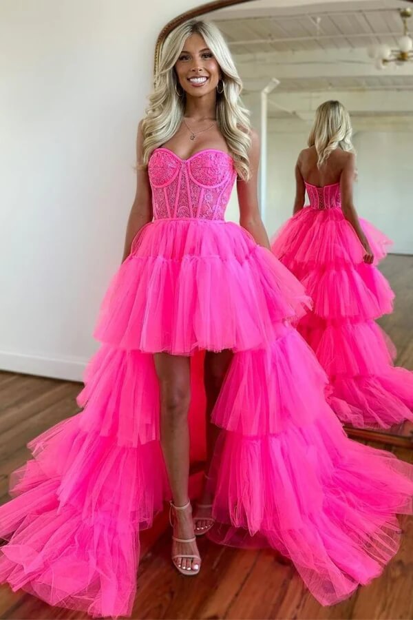 Hot Pink Tulle High Low Sweetheart Long Prom Dress, SP929 | Simidress Hot Pink Tulle High Low Sweetheart Long Prom Dress, SP929 | Simidress