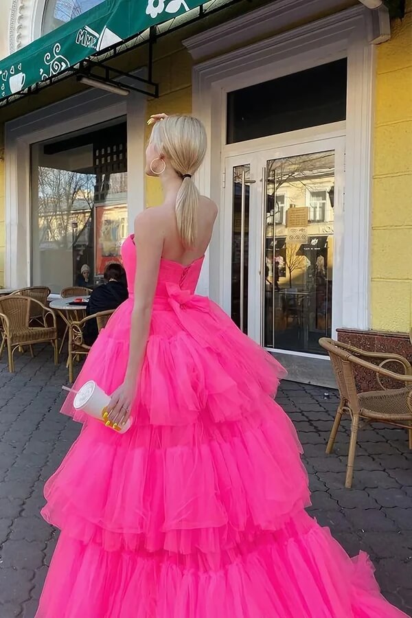 Pink Tulle A-line High Low Strapless Long Prom Dresses, Evening Gowns, SP867 | tulle prom dresses | evening dresses | long formal dresses | simidress.com