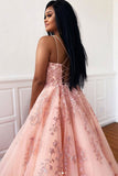 Pink Tulle A-line Spaghetti Straps Prom Dresses With Lace Appliques, SP745 | lace prom dress | cheap prom dresses | long formal dresses | evening gown | www.simidress.com