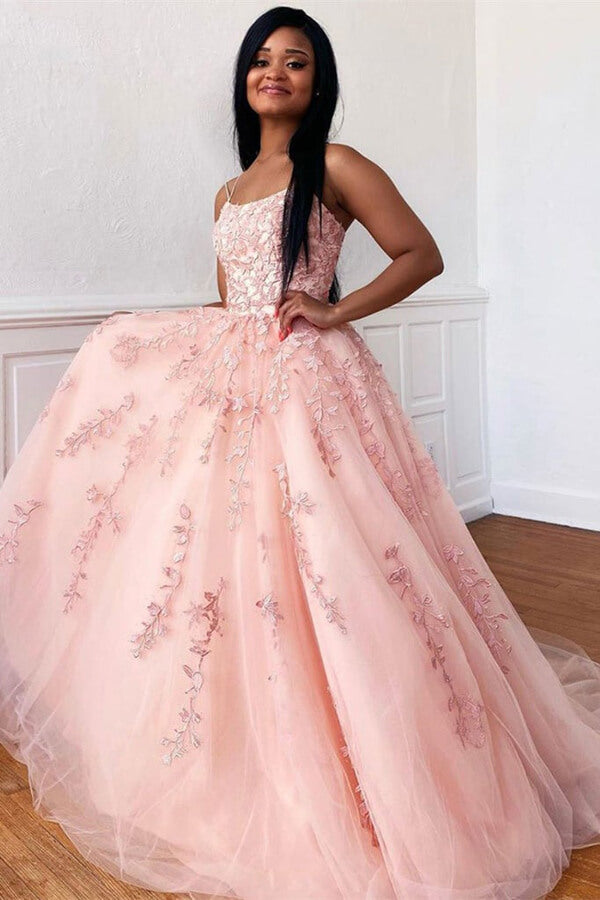 Shiny Pink Tulle Long Prom Dress, Spaghetti Straps Pink Formal