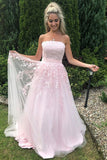 Pink Tulle A-line Strapless Prom Dress With Lace Appliques, Evening Dress, SP811