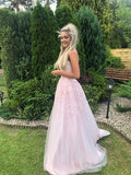 Pink Tulle A-line Strapless Prom Dress With Lace Appliques, Evening Dress, SP811 | cheap lace prom dresses | lace prom gown | vintage prom dresses | tulle lace evening gown | www.simidress.com