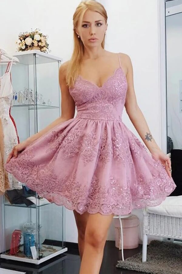 Pink Tulle A-line V-neck Lace Spaghetti Straps Short Homecoming Dresses, SH587 | cheap homecoming dresses | a line homecoming dresses | short party dresses | simidress.com
