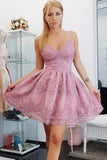 Pink Tulle A-line V-neck Lace Spaghetti Straps Short Homecoming Dresses, SH587