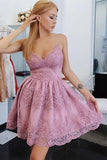 Pink Tulle A-line V-neck Lace Spaghetti Straps Short Homecoming Dresses, SH587 | tulle homecoming dress | school event dress | graduation dresses | simidress.com