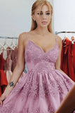 Pink Tulle A-line V-neck Lace Spaghetti Straps Short Homecoming Dresses, SH587 | pink homecoming dresses | short prom dresses | sweet 16 dresses | simidress.com