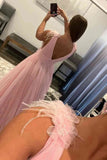 Pink Tulle Backless V-Neck Long Prom Dresses With Feathers, Party Dress, SP930 | pink prom dresses | evening dresses | evening gown | simidress.com