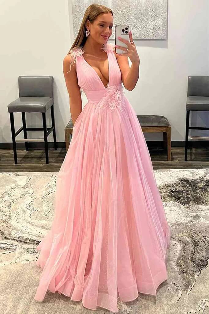 Pink Tulle Backless V-Neck Long Prom Dresses With Feathers, Party Dress, SP930 | cheap long prom dress | sparkly prom dress | a line prom dress | simidress.com