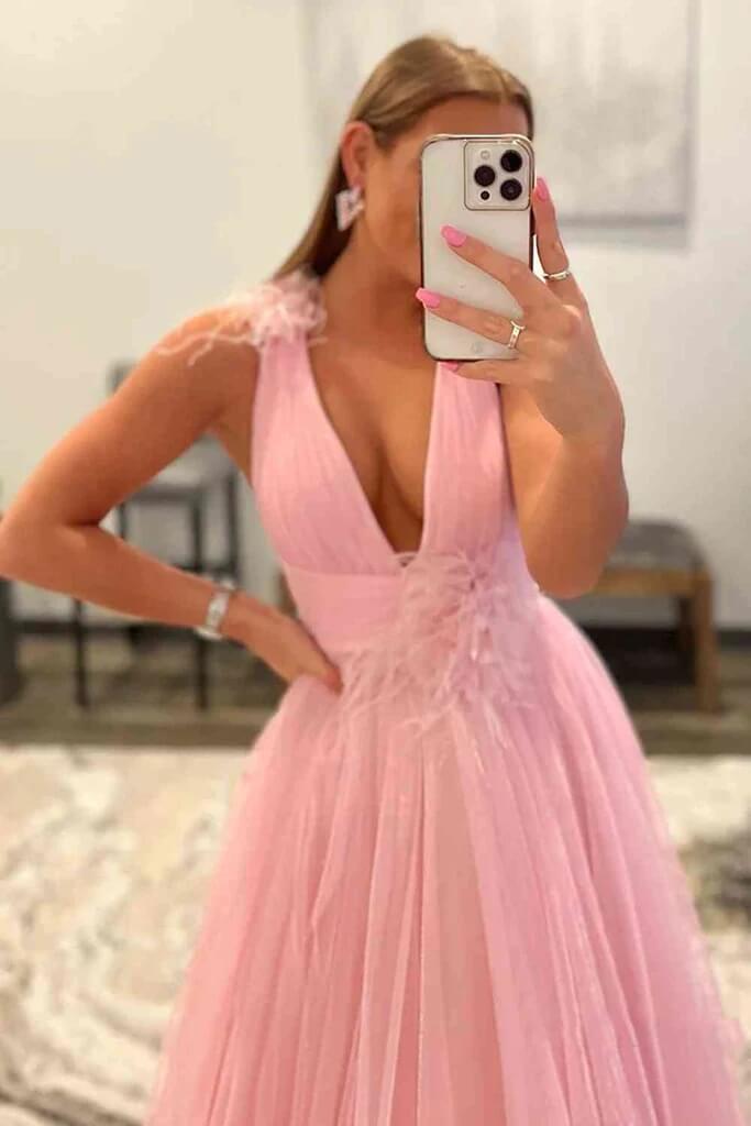 Pink Tulle Backless V-Neck Long Prom Dresses With Feathers, Party Dress, SP930 | simple prom dresses | long formal dresses | prom dresses for teens | simidress.com