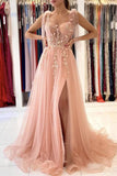 Pink Tulle Floral Lace A-line Sweetheart Long Prom Dresses With Side Split, SP750 | pink prom dresses | a line prom dress | evening dresses | www.simidress.com