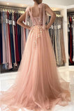 Pink Tulle Floral Lace A-line Sweetheart Long Prom Dresses With Side Split, SP750 | cheap long prom dresses | tulle prom dress | party dresses | www.simidress.com