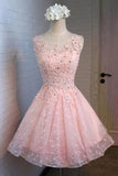 Pink Tulle Lace A-line Round Neck Homecoming Dresses With Beading, SH559