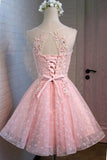 Pink Tulle Lace A-line Round Neck Homecoming Dresses With Beading, SH559 | pink homecoming dresses | sweet 16 dress | www.simidress.com
