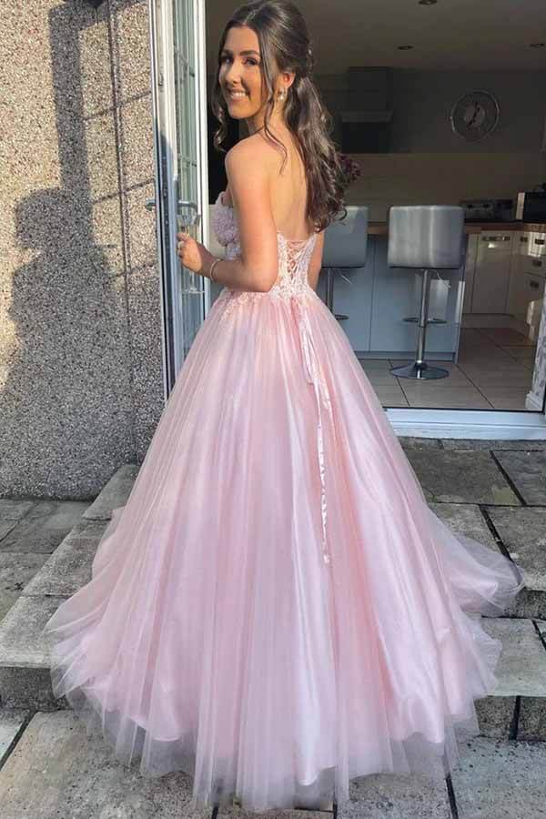 Pink Tulle Lace A-line Strapless Long Formal Dresses, Lace Prom Dresses, SP787 | evening dresses | evening gown | party dresses | www.simidress.com