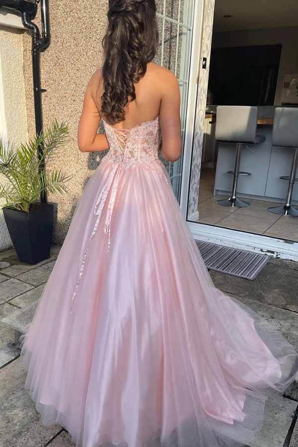 Pink Tulle Lace A-line Strapless Long Prom Dresses, SP787