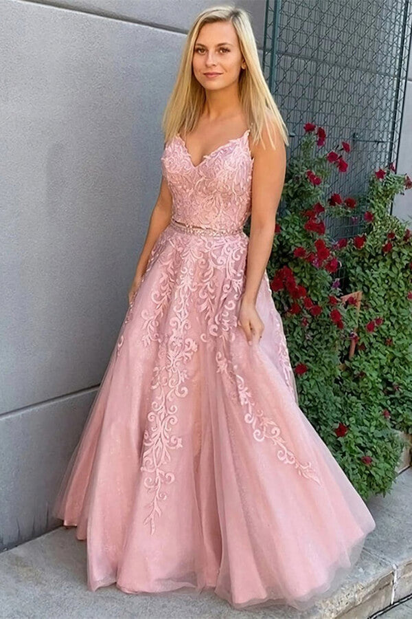A Line Pink Long Lace Prom Dress with Double Straps, Pink Long