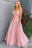 Pink Tulle Lace A-line Two Pieces Prom Dresses, Long Formal Dresses, SP784
