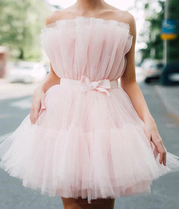 Pink Tulle Strapless Short Homecoming Dress, Princess School Party Dresses, SH578 | a line homecoming dresses | graduation dress | cheap homecoming dress | simidress.com