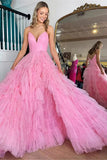 Pink Tulle Tiered A-line V-neck Spaghetti Straps Prom Dresses, Party Dress, SP922 | long prom dresses | evening gown | cheap prom dresses | simidress.com