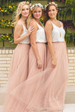 Pink Two Piece Tulle V-neck Long Bridesmaid Dresses, Wedding Party Dress, BD118