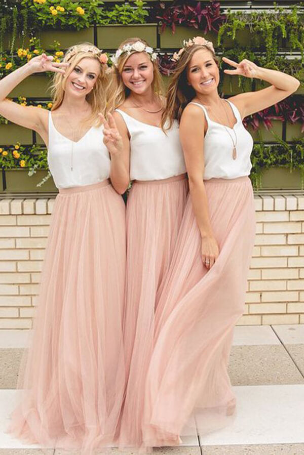 Pink Two Piece Tulle V-neck Long Bridesmaid Dresses, Wedding Party Dress, BD118 | wedding party dresses | pink bridesmaid dresses | plus size bridesmaid dresses | www.simidress.com