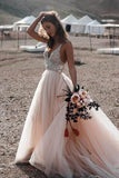 V- Neck Beaded A Line Beach Wedding Dress, Tulle Long Prom Dress, SW177 | lace wedding dresses | tulle wedding dresses | a line wedding dresses | www.simidress.com