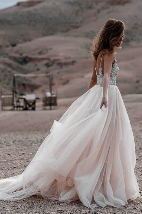 V- Neck Beaded A Line Beach Wedding Dress, Tulle Long Prom Dress, SW177 | beach wedding dresses | bridal gowns | wedding dresses online | www.simidress.com