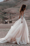 V- Neck Beaded A Line Beach Wedding Dress, Tulle Long Prom Dress, SW177 | beach wedding dresses | bridal gowns | wedding dresses online | www.simidress.com