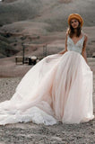 V- Neck Beaded A Line Beach Wedding Dress, Tulle Long Prom Dress, SW177 | a line wedding dresses | beach wedding dresses | v neck wedding dresses | beaded wedding dress | www.simidress.com