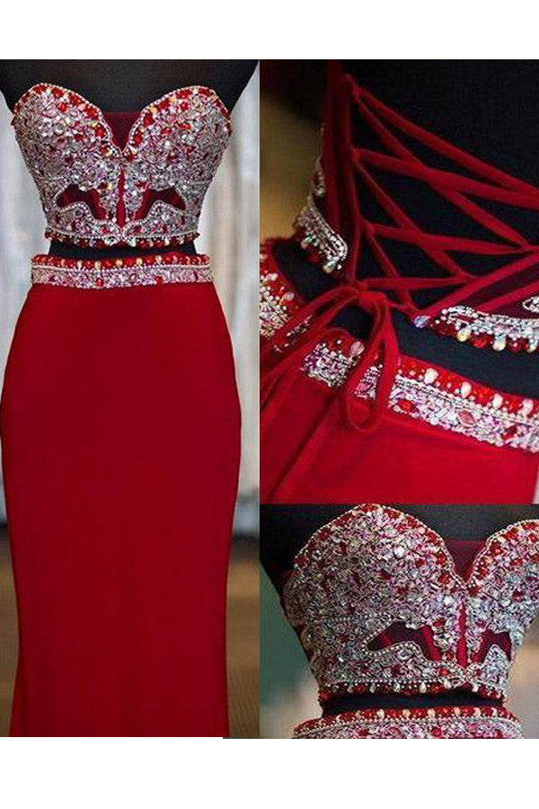 Red Prom Dress with Beading,Two Piece Prom Dresses,Cheap Prom Gowns