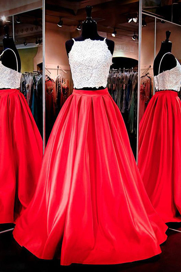 Red Floor-Length Prom Dresses,Two-piece Square Neck Lace Prom Dresses,Prom Dress,SIM445