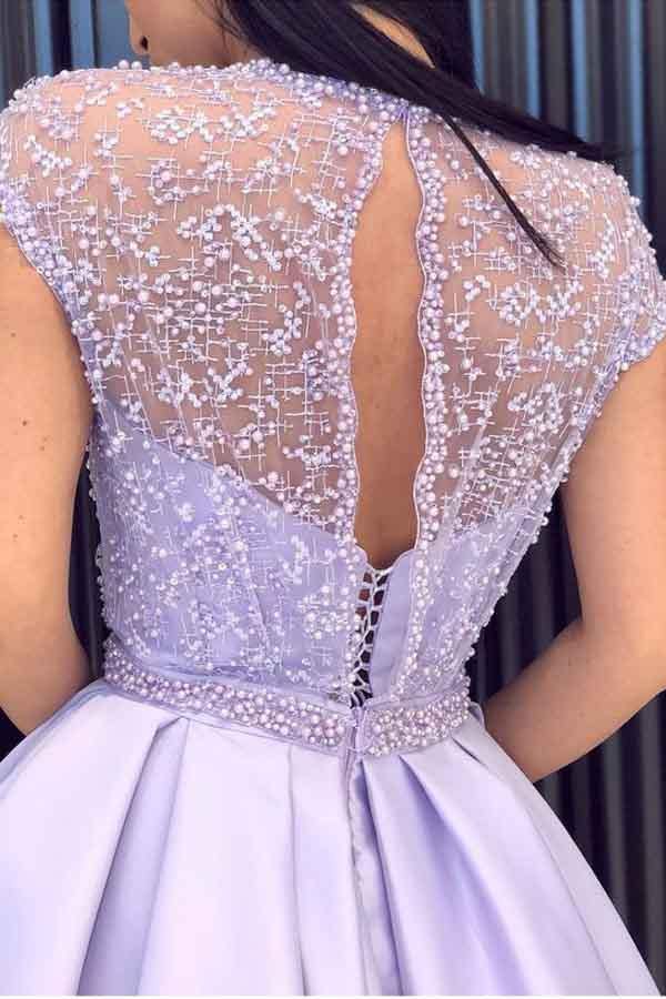 Purple A-line Short Sleeves Beaded Long Prom Dresses With Side Split, SP893 | long formal dresses | cheap prom dresses | party dress | simidress.com