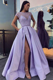 Purple A-line Short Sleeves Beaded Long Prom Dresses With Side Split, SP893