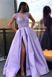 Purple A-line Short Sleeves Beaded Long Prom Dresses With Side Split, SP893 | satin prom dresses | prom dress with sleeves | evening dresses | simidress.com