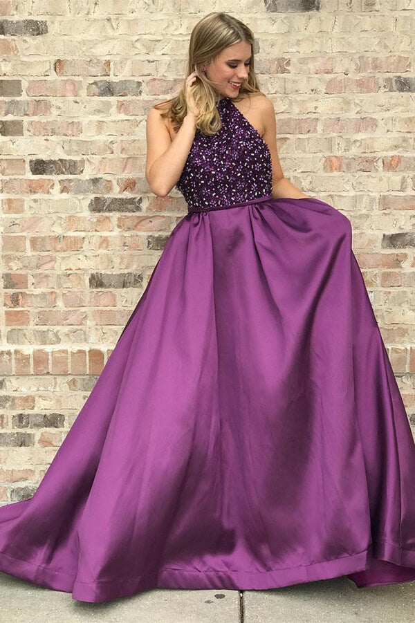 Purple Satin A-line Prom Dresses With Rhinestones SP707
