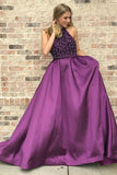 Purple Satin A-line High Neck Prom Dresses With Rhinestones, Party Dress, SP707