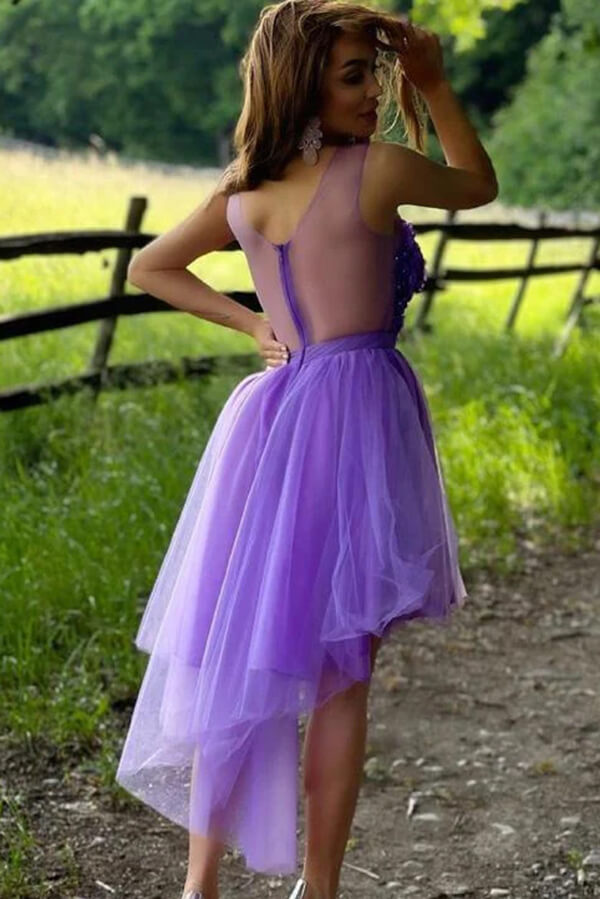 Purple Tulle A-line High Low Hand Made Flowers Short Homecoming Dresses, SH575 | graduation dresses | short prom dresses | homecoming | www.simidress.com