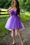 Purple Tulle A-line High Low Hand Made Flowers Short Homecoming Dresses, SH575