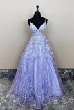 Purple Tulle A-line Long Prom Dresses, Evening Dresses With Lace Appliques, SP827