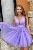 Purple Tulle A-line V-neck Beaded Homecoming Dresses, Graduation Dress, SH611