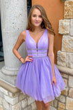 Purple Tulle A-line V-neck Beaded Homecoming Dresses, Graduation Dress, SH611 | beaded homecoming dresses | a line homecoming dresses | short party dress | simidress.com